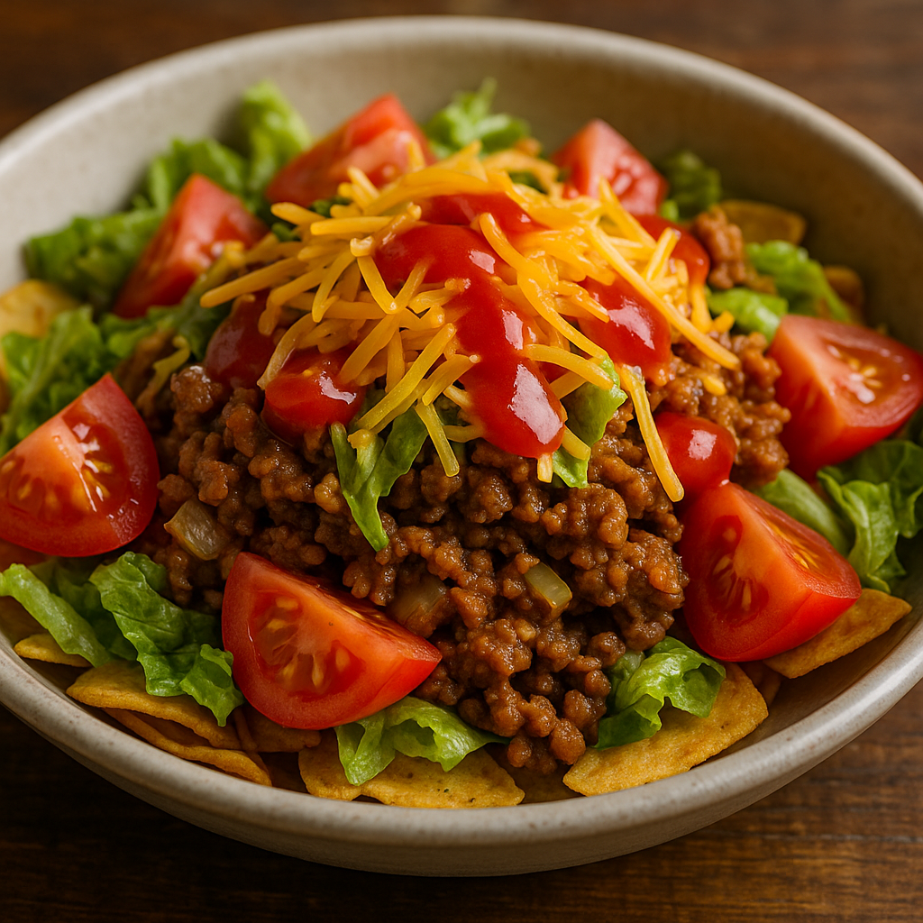 A close-up photograph showcases taco salad in a rustic wooden bowl, featuring seasoned ground beef, crisp lettuce, cherry tomatoes, shredded cheddar cheese, and crunchy tortilla strips
