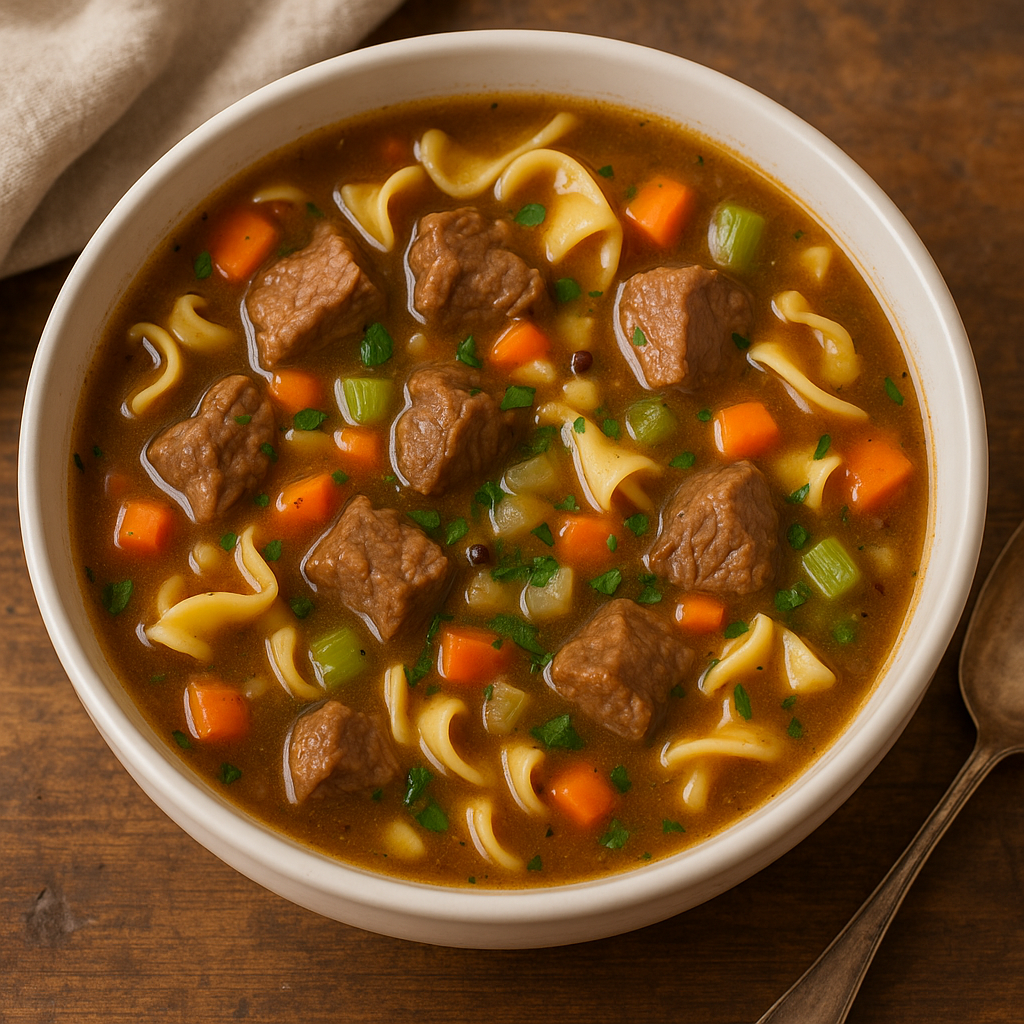 Bowl of beef noodle soup with chunks of beef, egg noodles, carrots, celery, and onions in a rich broth, served in a white bowl on a wooden table with a vintage spoon