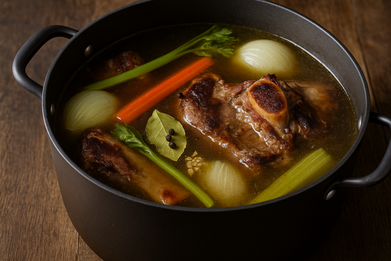 Simmering pot of homemade beef broth with beef bones, carrots, celery, onions, garlic, bay leaf, and peppercorns in a black stock pot on a rustic wooden surface