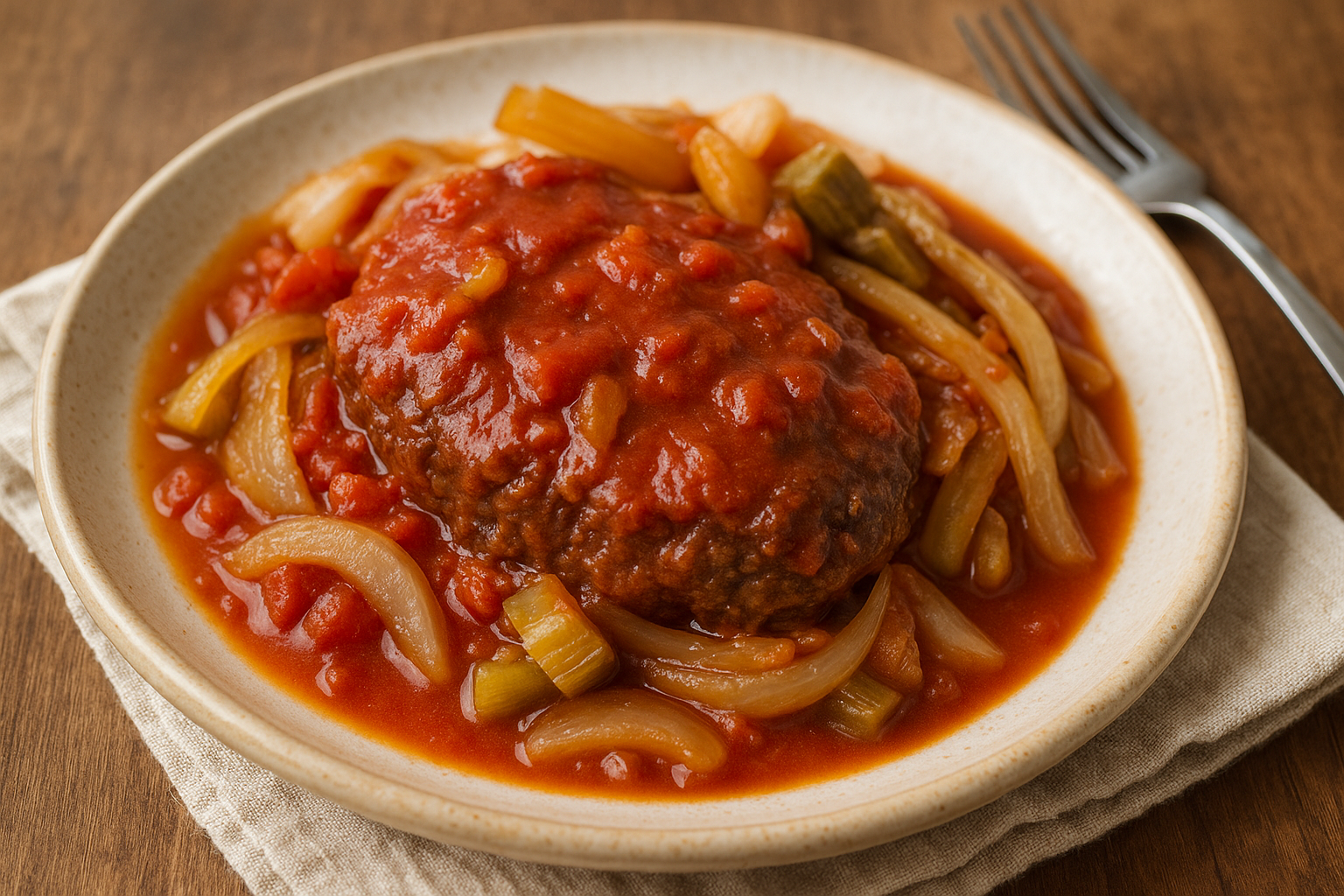 Braised Swiss steak covered in tomato-based sauce with sautéed onions and celery, served on a speckled beige plate over a rustic wood surface