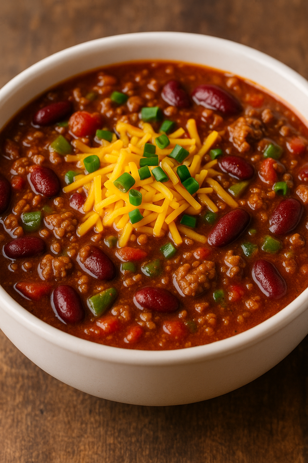 Hearty bowl of Wendy’s-style chili with ground beef, kidney beans, green peppers, and tomatoes, topped with shredded cheddar and green onions in a white bowl on a wooden table