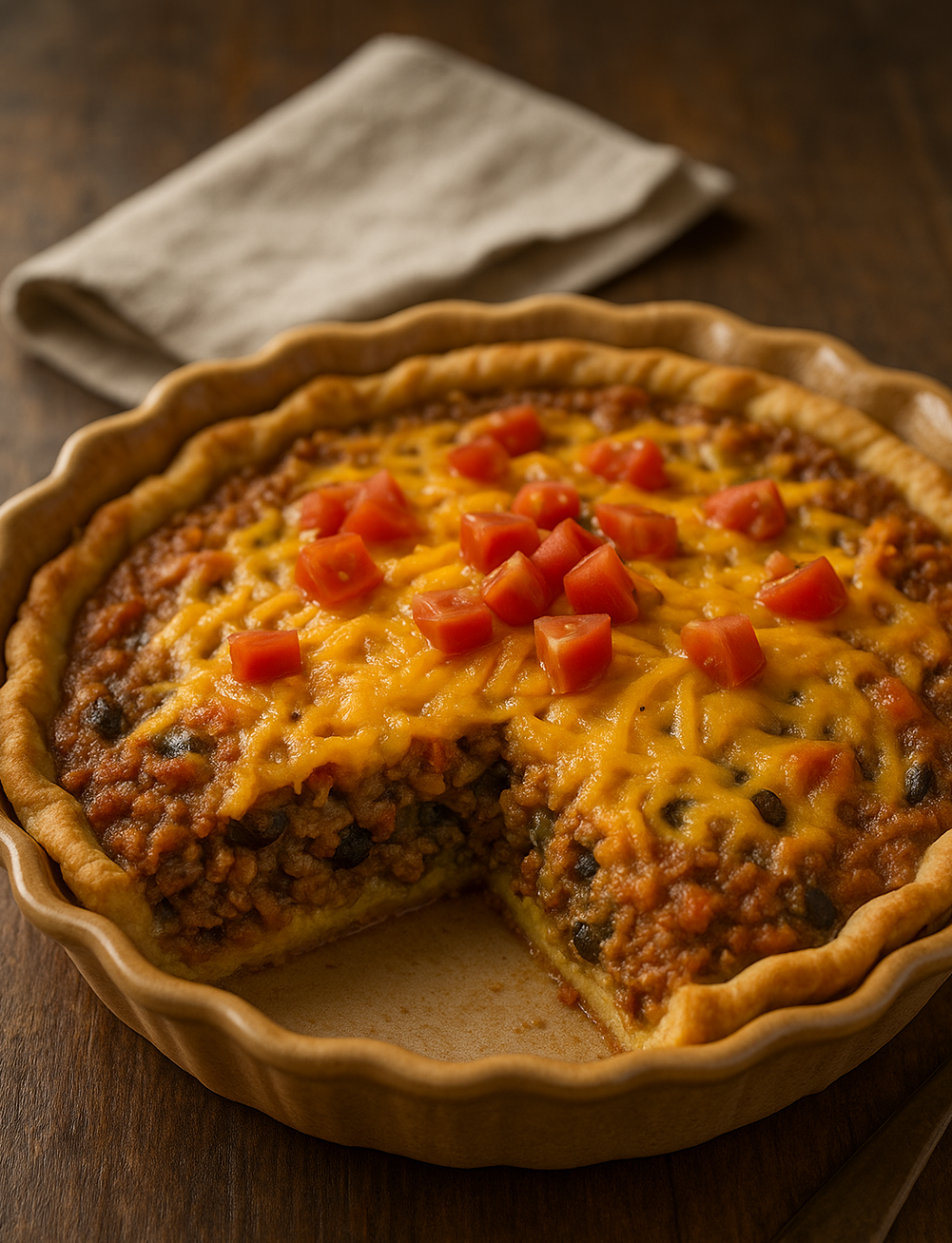 a Mexican Fiesta Pie baked to a golden brown in a deep-dish pie plate, topped with melted cheddar cheese and fresh diced tomatoes