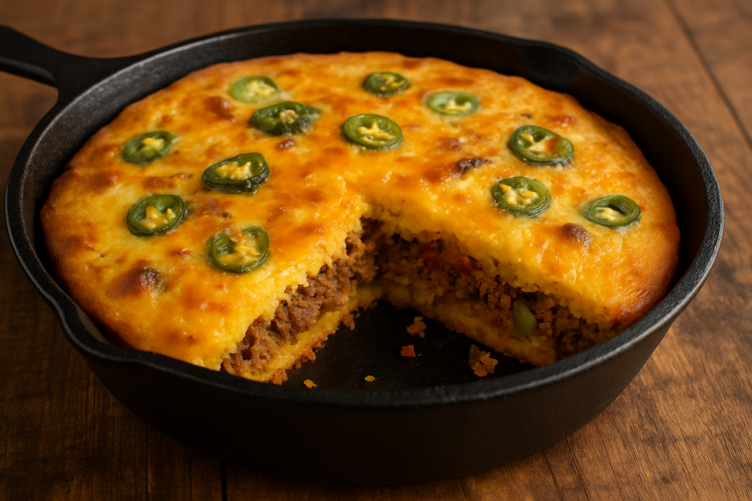 Skillet of golden-brown Mexican cornbread with ground meat, jalapeños, and cheese, freshly baked and sliced on a wooden table