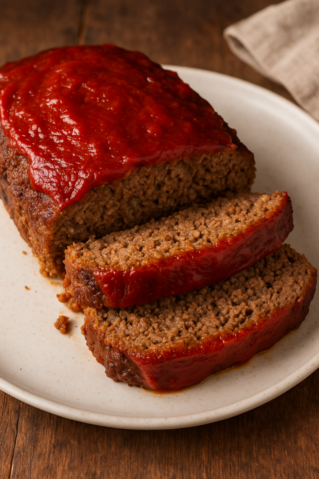 Sliced Texas meat loaf with a glossy ketchup glaze on a white plate, showing a tender beef interior and rustic presentation on a wooden table