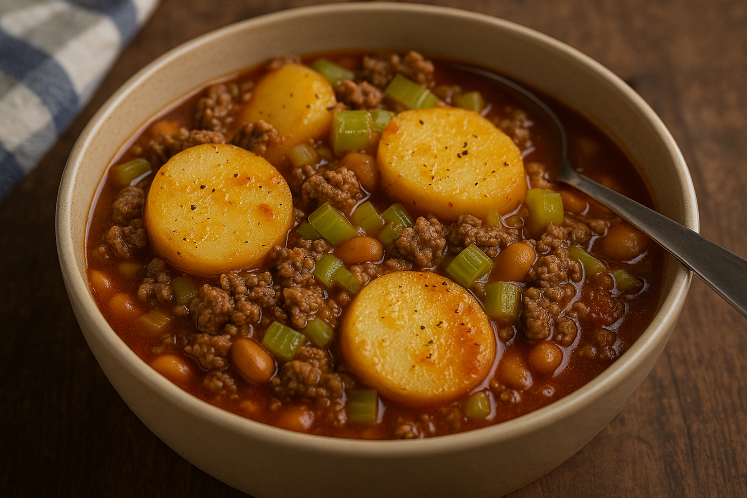 Lazy Day Stew in a rustic white ceramic bowl. The dish features visible layers of ground beef, sliced potatoes, celery, and onions, topped with rich tomato soup and pork and beans, with steam rising for a warm, homemade appeal.